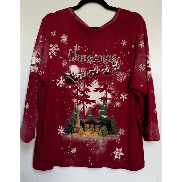 Vtg Red Christmas Pullover Shirt Santa Sleigh Reindeer Rhinestones Snowflake - Picture 13 of 16